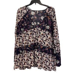 Anthropologie Maeve Floral Print Long Sleeve Tunic Top Womens Size Large Navy Mu